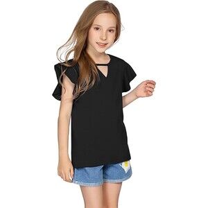 Hopeac Ruffle Short Sleeve Keyhole Neck Cotton Tee Sz 150 (12Yr)